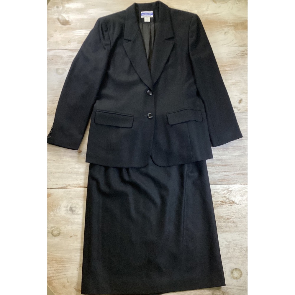 Pendleton Black Virgin Wool Skirt Suit Size 10 Blazer Pencil Skirt Career